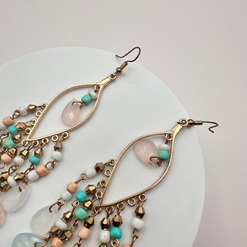 VTG Y2K Gold Tone Teardrop Beaded Chandelier Earrings Women's Jewelry